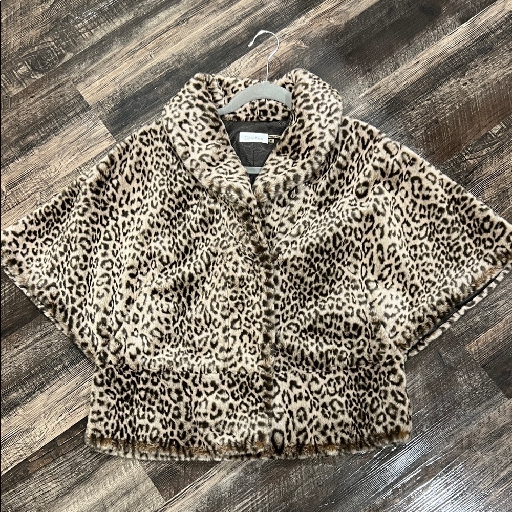 Calvin Klein Leopard Print Faux Fur Cape